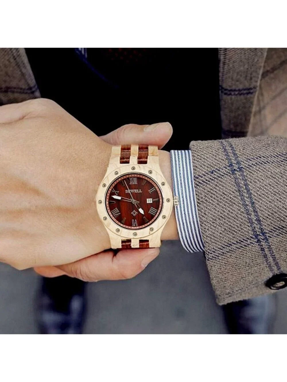 Men's Beige Red Handmade Date Display Analog Quartz Luminous Wrist Wooden Watch